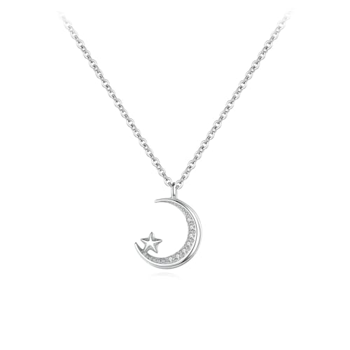Bishilin Kette Anhänger 375 Weißgold, Damen Halskette Anhänger Stern Mond mit Diamant Frauen Kette Weißgold 45CM für Charms Hochzeit von Bishilin