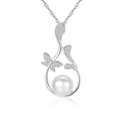 Bishilin Kette Anhänger 375 Weißgold, Damen Halskette Schmetterling Blätter mit Weiß Perle und Diamant Anhänger Kette Weißgold 45CM für Charms Hochzeit Bishilin Kette Anhänger 375 Weißgold, Damen Halskette Schmetterling Blätter mit Weiß Perle und Diamant Anhänger Kette Weißgold 45CM für Charms Hochzeit von Bishilin