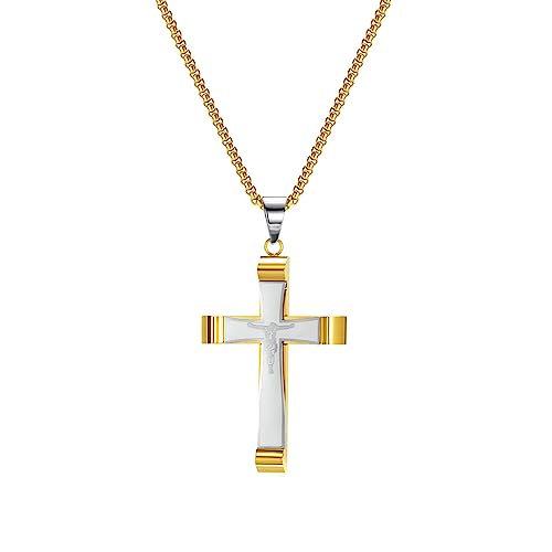 Bishilin Kette Edelstahl 70CM, Halskette Männer Gold mit Jesus Kreuz Anhänger Herren Kette Personalisiert von Bishilin