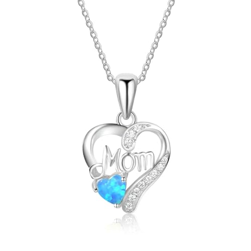 Bishilin Kette Silber 925 mit Anhänger Personalisiert, Damen Halskette Mom Herz mit Blau Opal Anhänger Charm mit Kette 45CM Silber von Bishilin