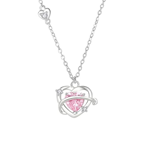 Bishilin Kette Weißgold 375 9K Echtgold Damen, Halskette Liebe mit Rosa Saphir und Diamant Anhänger Kette Weißgold 45CM für Frauen Hochzeit von Bishilin