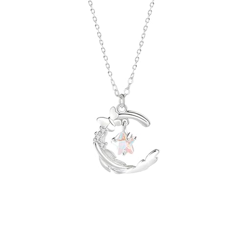 Bishilin Kette Weißgold 375 9K Echtgold Damen, Halskette Schmetterling Mond Stern mit Mondstein Anhänger Kette Weißgold 45CM für Frauen Hochzeit von Bishilin