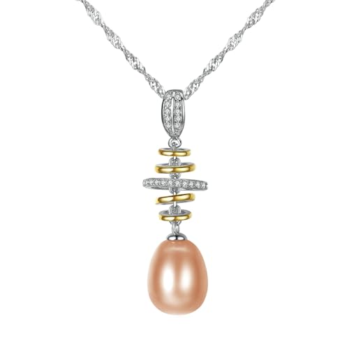 Bishilin Kette Weißgold 750 18K Echt Damen, Halskette Anhänger Wirbel mit Rosa Perle und Diamant Kette Weißgold 45CM für Frauen Hochzeit von Bishilin