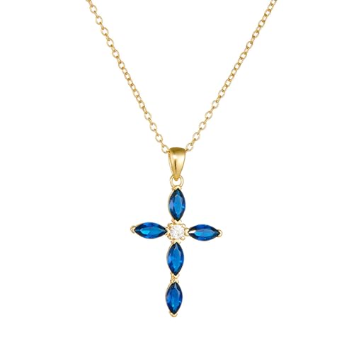 Bishilin Kette mit Anhänger Gold 750, Halskette Damen 45CM Charms Anhänger Kreuz mit Saphir und Diamant Kette Hochzeit Braut für Frauen von Bishilin