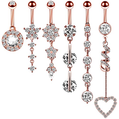 Bishilin Körperpiercing Bauchnabelringe Set, Bauchnabelpiercing Chirurgenstahl Blumen Herz Lang Anhänger mit Zirkonia Piercing Bauch Schwanger Körperschmuck Damen Sexy von Bishilin