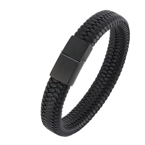 Bishilin Leder Armbänder Herren 18.5CM, Personalisiertes Armband Männer 12MM Geflochten Lederarmband Schwarz mit Magnetverschluss von Bishilin