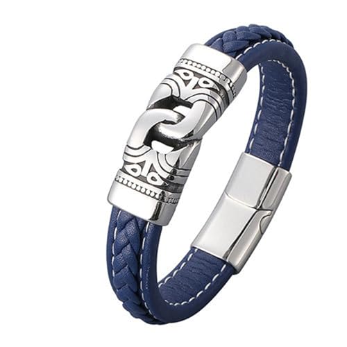 Bishilin Leder Armband Herren Personalisiert, Männer Armband Blau 12MM Ethno Knoten Charm Armbänder 18.5CM mit Magnetverschluss von Bishilin