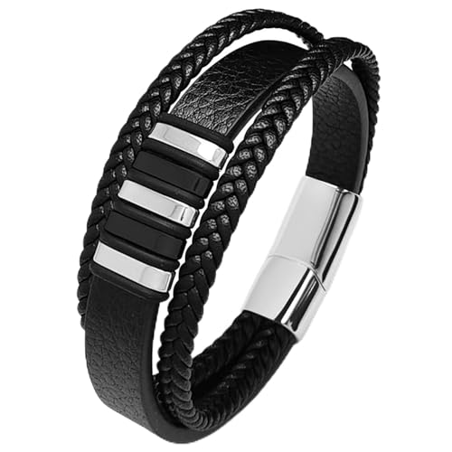 Bishilin Leder Armband Herren Personalisiert, Männer Armband Schwarz 12MM 3-Layer mit Geometrie Magnetverschluss Charms Armbänder 18.5CM von Bishilin