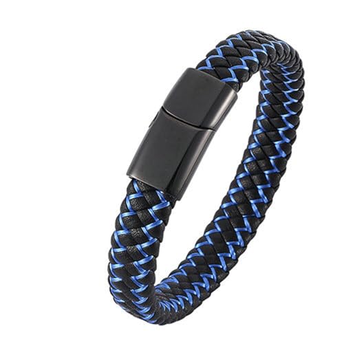 Bishilin Leder Armband Herren Personalisiert, Männer Armband Schwarz Blau 12MM Geflochten mit Blau Streifen Magnetverschluss Charms Armbänder 18.5CM von Bishilin