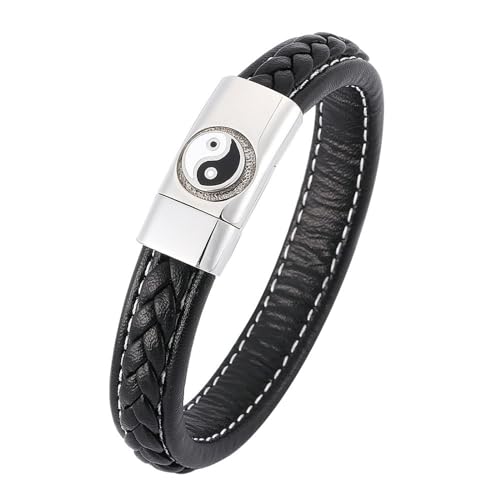 Bishilin Lederarmbänder Herren, Charms Armband 16.5CM Schwarz Yin Yang 12MM mit Magnetverschluss Leder Armband Personalisiert von Bishilin