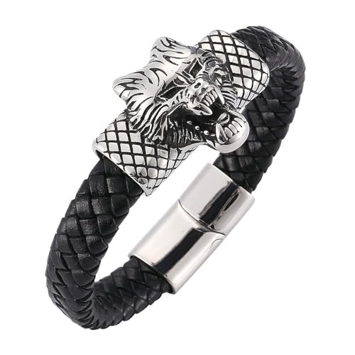 Bishilin Lederarmbänder Herren, Charms Armband 18.5CM Schwarz Tier Tiger 12MM mit Magnetverschluss Leder Armband Personalisiert von Bishilin