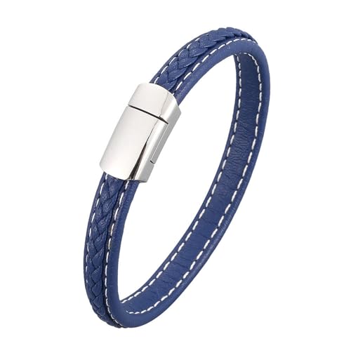 Bishilin Lederarmbänder Herren, Charms Armband Leder 16.5CM Geflochten 8MM mit Magnetverschluss Leder Armband Blau von Bishilin