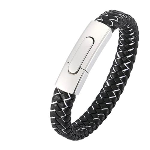 Bishilin Lederarmbänder Herren, Charms Armband Leder 16.5CM Geflochten mit Weiß Streifen 12MM Druckknopfverschluss Leder Armband Schwarz Weiß von Bishilin