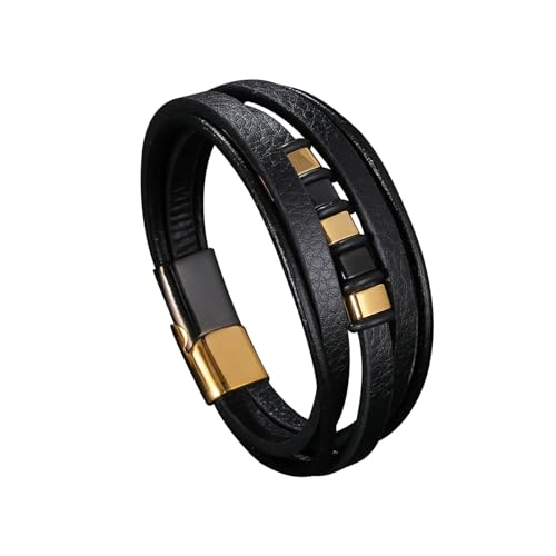 Bishilin Lederarmbänder Herren, Charms Armband Leder 16.5CM Mehrschichtig mit Geometrie 12MM Magnetverschluss Leder Armband Schwarz von Bishilin