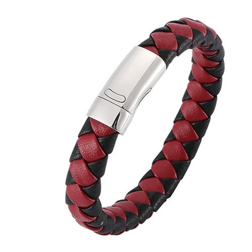 Bishilin Lederarmbänder Herren, Charms Armband Leder 18.5CM Geflochten 12MM mit Magnetverschluss Leder Armband Schwarz Rot von Bishilin