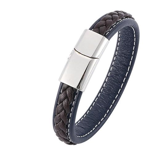 Bishilin Lederarmbänder Herren, Charms Armband Leder 18.5CM Gewebt 12MM mit Magnetverschluss Leder Armband Blau Braun von Bishilin