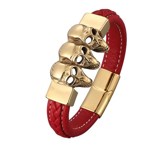 Bishilin Lederarmbänder Herren, Charms Armband Leder 18.5CM Totenköpfe Schädel 12MM mit Magnetverschluss Leder Armband Rot von Bishilin