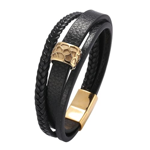 Bishilin Lederarmbänder Herren, Charms Armband Leder 20.5CM 3-Layer Geflochten mit Geometrie 12MM Magnetverschluss Leder Armband Schwarz von Bishilin