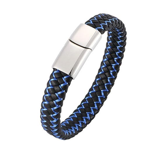 Bishilin Lederarmbänder Herren, Charms Armband Leder 20.5CM Geflochten mit Blau Streifen 12MM Magnetverschluss Leder Armband Schwarz von Bishilin