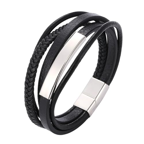 Bishilin Lederarmbänder Herren, Charms Armband Leder 20.5CM Mehrschichtig mit Schild 12MM Magnetverschluss Leder Armband Schwarz von Bishilin