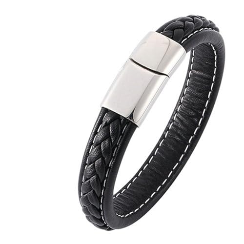 Bishilin Lederarmband Herren 16.5CM, Charms Armbänder Leder 12MM Gewebt mit Magnetverschluss Personalisiertes Armband Männer Schwarz von Bishilin