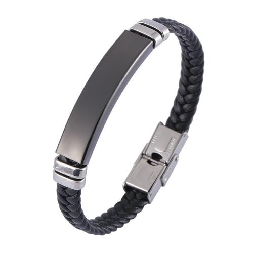 Bishilin Lederarmband Herren 18.5CM, Charms Armbänder Leder 8MM mit Schild Sicherheitsverschluss Personalisiertes Armband Männer Schwarz von Bishilin