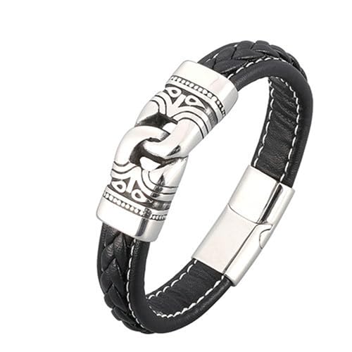 Bishilin Lederarmband Herren mit Gravur, Charms Armbänder Leder 12MM Ethno Knoten mit Magnetverschluss Personalisiertes Armband Männer Schwarz 18.5CM von Bishilin