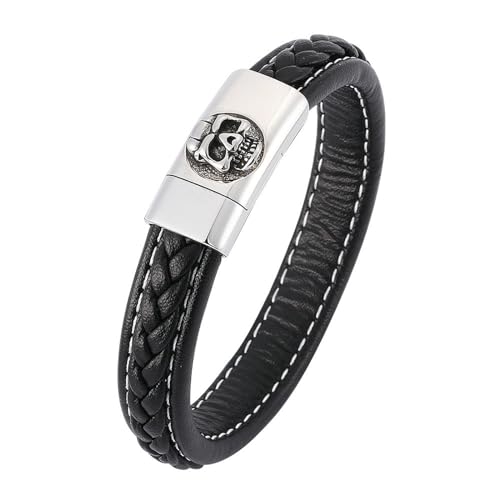 Bishilin Lederarmband Herren mit Gravur, Charms Armbänder Leder 12MM Schädel mit Magnetverschluss Personalisiertes Armband Männer Schwarz 16.5CM von Bishilin