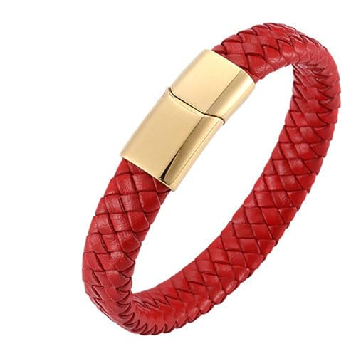 Bishilin Lederarmband Herren mit Magnetverschluss, Charm Armbänder Rot 20.5CM Geflochten Armband für Männer Leder Personalisiert von Bishilin