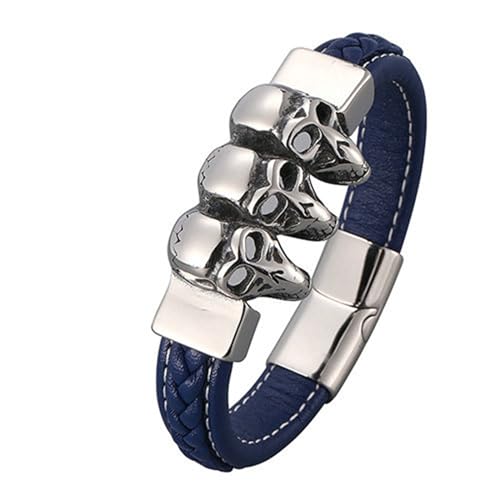 Bishilin Lederarmband Herren mit Magnetverschluss, Charms Armbänder Blau 16.5CM Totenköpfe Armband für Männer Leder Personalisiert 12MM von Bishilin