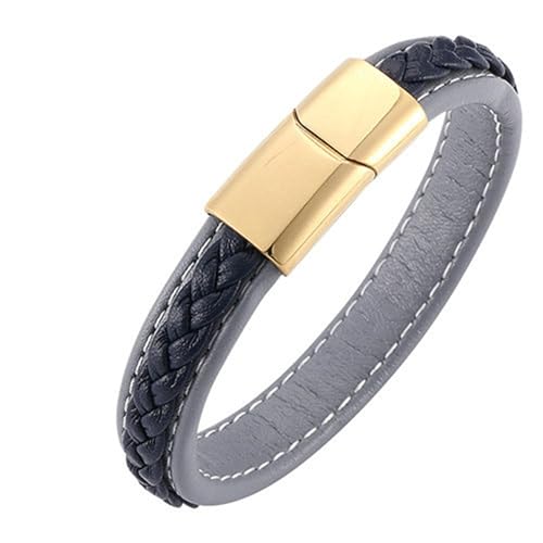 Bishilin Lederarmband Herren mit Magnetverschluss, Charms Armbänder Grau Blau 16.5CM Geflochten Armband für Männer Leder Personalisiert 12MM von Bishilin