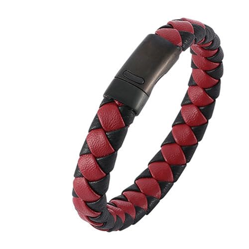 Bishilin Lederarmband Herren mit Magnetverschluss, Charms Armbänder Leder 12MM Geflochten Personalisiertes Armband Männer Schwarz Rot 18.5CM von Bishilin