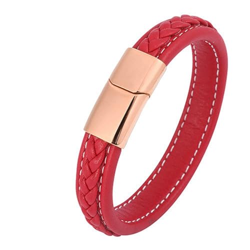 Bishilin Lederarmband Herren mit Magnetverschluss, Charms Armbänder Rot 16.5CM Geflochten Armband für Männer Leder Personalisiert 12MM von Bishilin