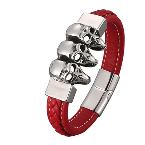 Bishilin Lederarmband Herren mit Magnetverschluss, Charms Armbänder Rot 16.5CM Totenköpfe Armband für Männer Leder Personalisiert 12MM von Bishilin