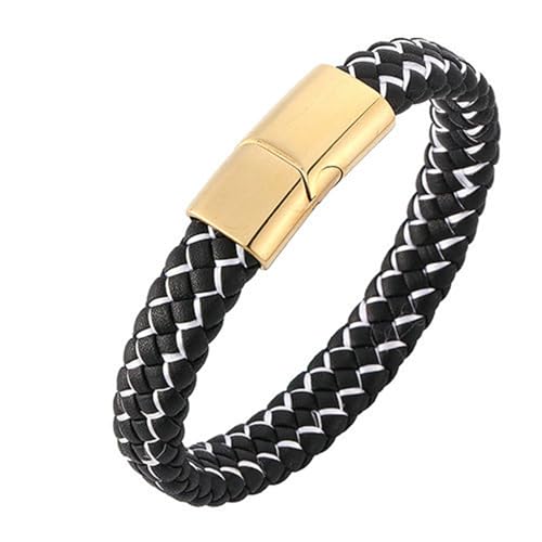 Bishilin Lederarmband Herren mit Magnetverschluss, Charms Armbänder Schwarz 20.5CM Geflochten mit Weiß Gestreift Armband für Männer Leder Personalisiert 12MM von Bishilin