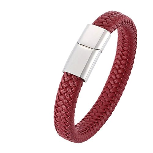 Bishilin Lederarmband für Männer, Partner Armbänder mit Magnet 16.5CM Personalisiert Geflochten Charm Armband Herren Rot von Bishilin
