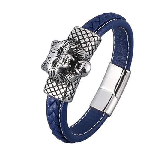 Bishilin Lederarmband für Männer 16.5CM, Partner Armbänder Personalisiert mit Magnet Wolf Charm Armband Herren Blau 12MM von Bishilin