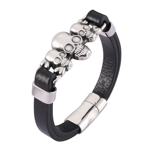 Bishilin Lederarmband für Männer 16.5CM, Partner Armband Magnetisch Personalisiert mit Totenköpfe Charm Armband Herren Schwarz 12MM von Bishilin