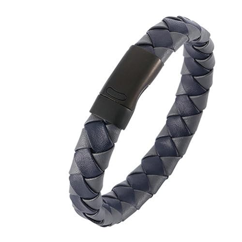 Bishilin Lederarmband für Männer 18.5CM, Partner Armbänder Personalisiert mit Magnet Geflochten Charm Armband Herren Blau Grau 12MM von Bishilin