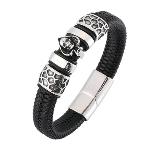 Bishilin Lederarmband für Männer 18.5CM, Partner Armbänder Personalisiert mit Magnet Poker Totenkopf Charm Armband Herren Schwarz 12MM von Bishilin