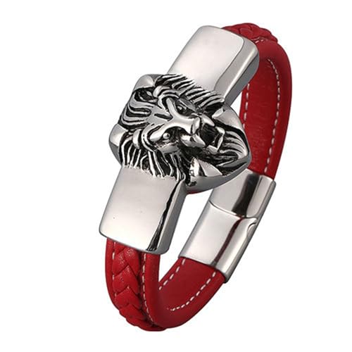 Bishilin Lederarmband für Männer 18.5CM, Partner Armbänder Personalisiert mit Magnet Tier Löwe Charm Armband Herren Rot 12MM von Bishilin