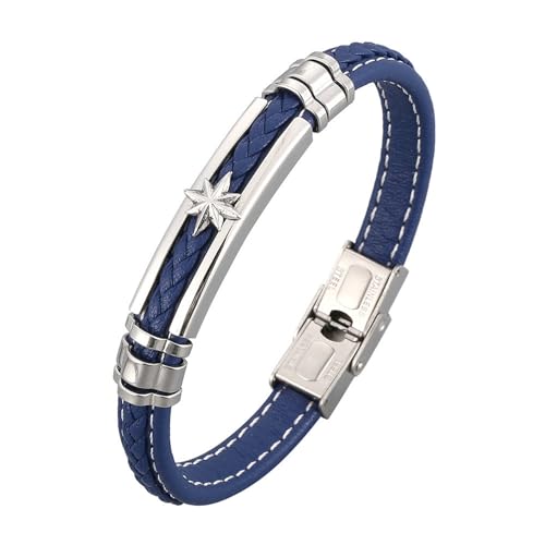 Bishilin Lederarmband für Männer 18.5CM, Partner Armbänder Personalisiert mit Verschluss Octagon Stern Charm Armband Herren Blau 8MM von Bishilin