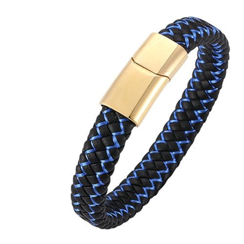 Bishilin Lederarmband für Männer 18.5CM, Partner Armband Magnetisch Personalisiert Geflochten mit Blau Gestreift Charm Armband Herren Schwarz Blau 12MM von Bishilin