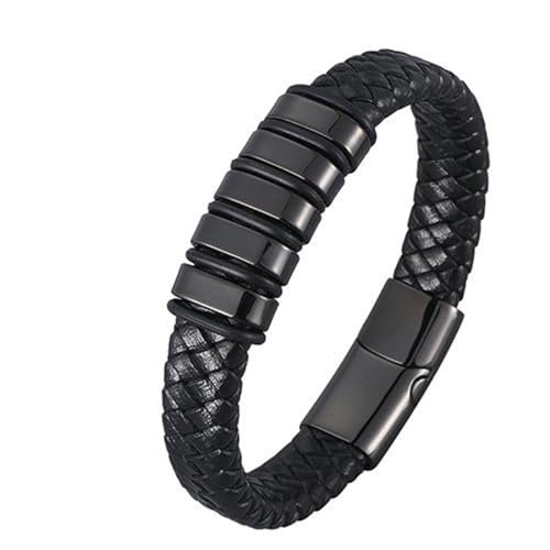 Bishilin Lederarmband für Männer 18.5CM, Partner Armband Magnetisch Personalisiert Geflochten mit Geometrie Charm Armband Herren Schwarz 12MM von Bishilin