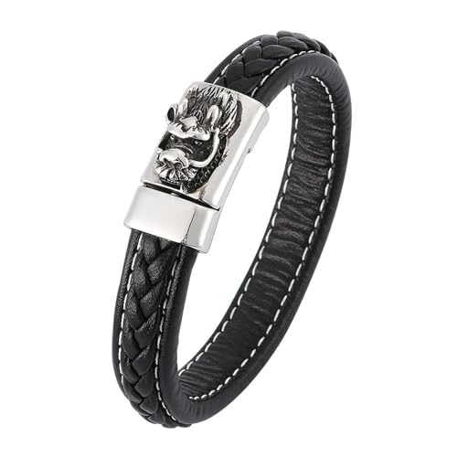 Bishilin Lederarmband für Männer 20.5CM, Partner Armbänder Personalisiert mit Magnet Drachen Charm Armband Herren Schwarz 12MM von Bishilin