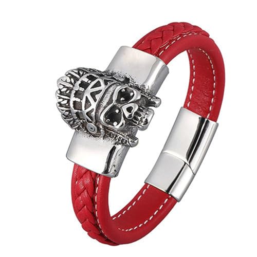 Bishilin Lederarmband für Männer 20.5CM, Partner Armbänder Personalisiert mit Magnet Indianer Totenkopf Charm Armband Herren Rot 12MM von Bishilin