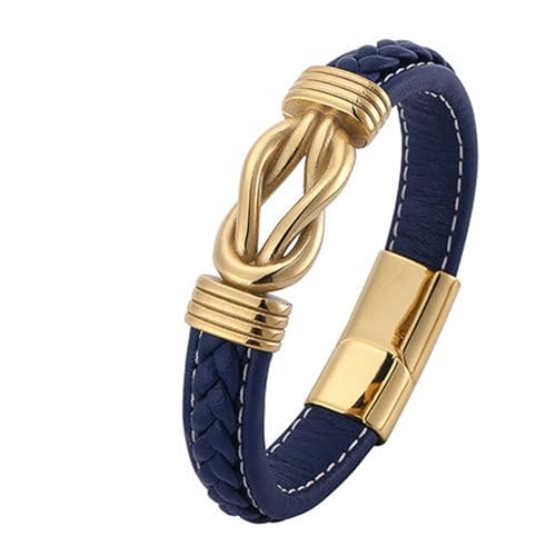 Bishilin Lederarmband für Männer 20.5CM, Partner Armband Magnetisch Personalisiert mit Gold Knoten Charm Armband Herren Blau 12MM von Bishilin