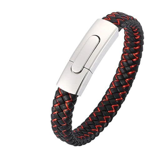 Bishilin Lederarmband für Männer mit Gravur 16.5CM, Partner Armband Druckknopfverschluss Geflochten mit Rot Streifen Charm Armband Herren Schwarz Rot von Bishilin