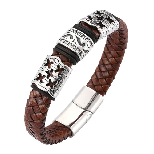 Bishilin Lederarmband für Männer mit Gravur 16.5CM, Partner Armband Magnetisch Kreuz Filigran mit Zirkonia Charm Armband Herren Braun von Bishilin