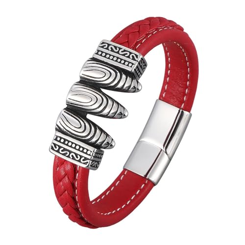 Bishilin Lederarmband für Männer mit Gravur 18.5CM, Partner Armband Magnetisch mit Vintage Geometrie Charm Armband Herren Rot von Bishilin